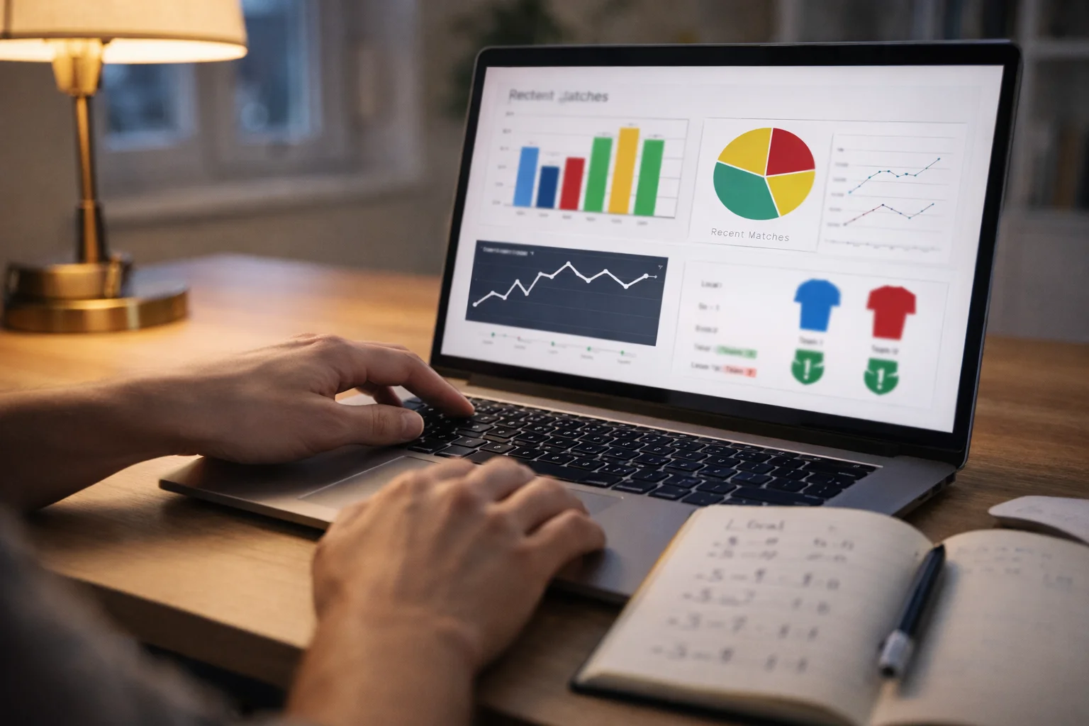 Persona analizando estadísticas de fútbol en un portátil con libreta de notas
