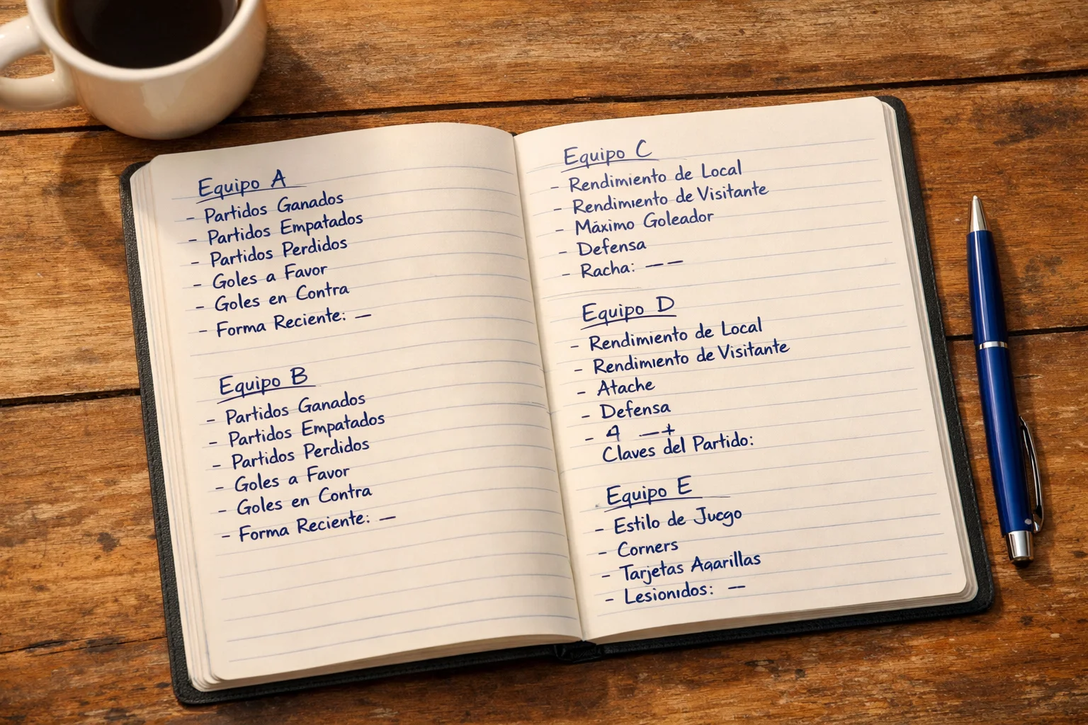 Cuaderno con anotaciones de estadísticas de equipos de fútbol