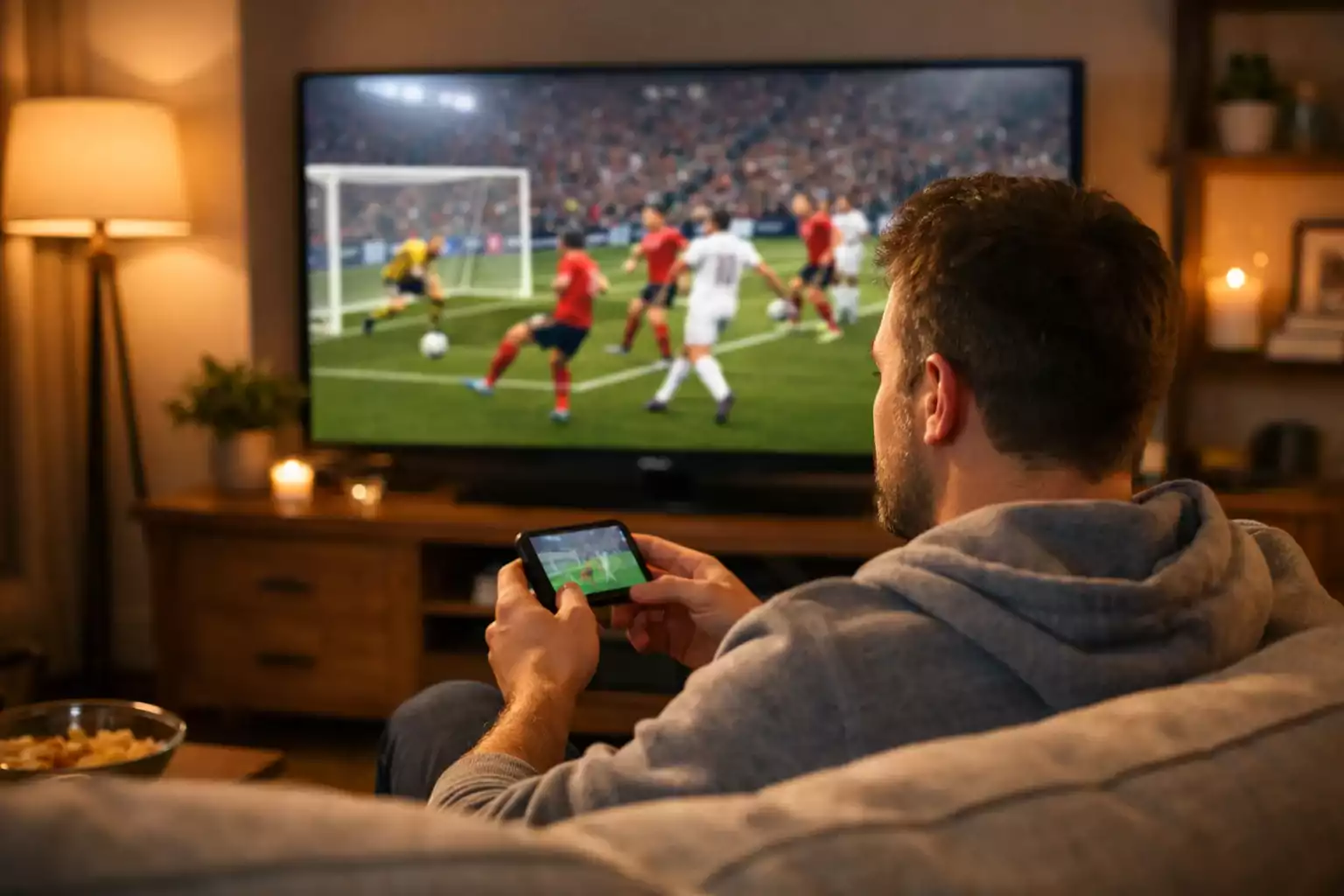 Aficionado viendo un partido de fútbol en televisión mientras consulta su smartphone