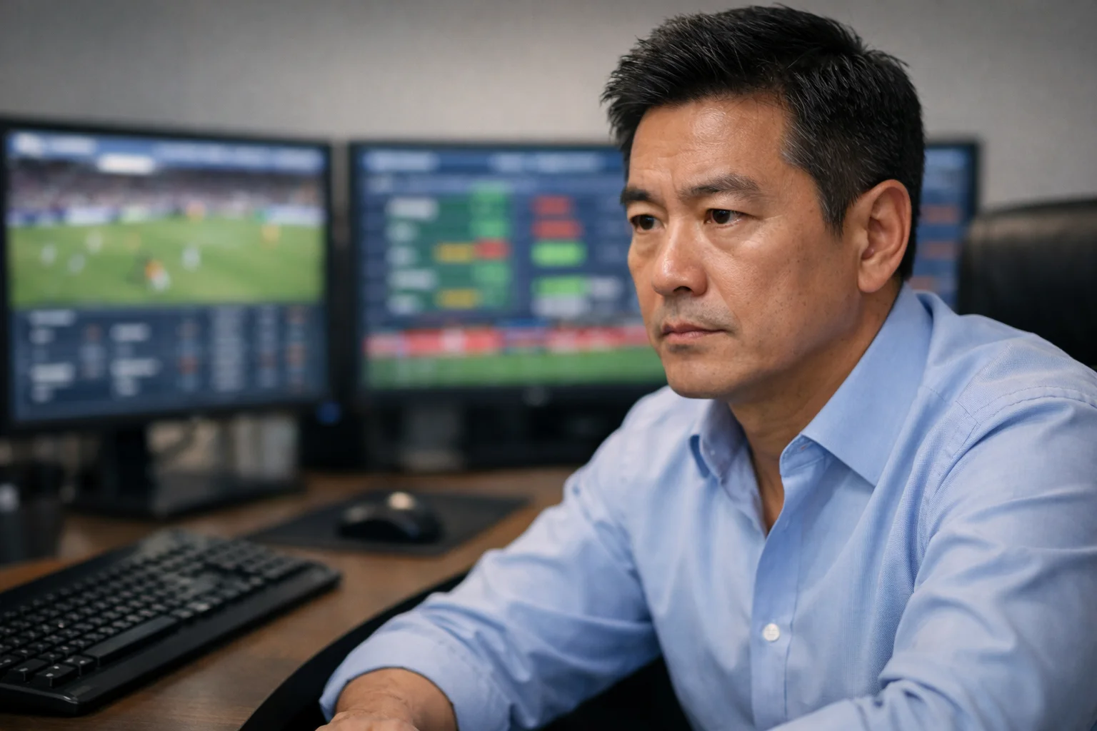 Apostador profesional analizando datos en pantalla múltiple