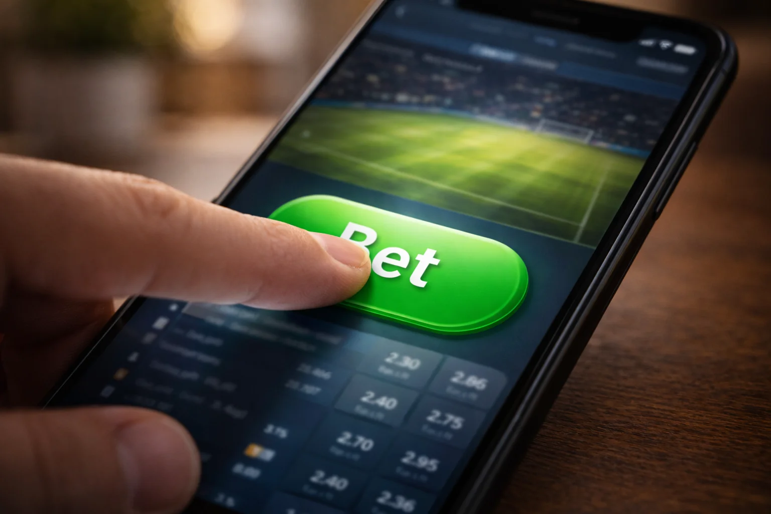 Mano tocando botón verde de confirmar en pantalla de móvil