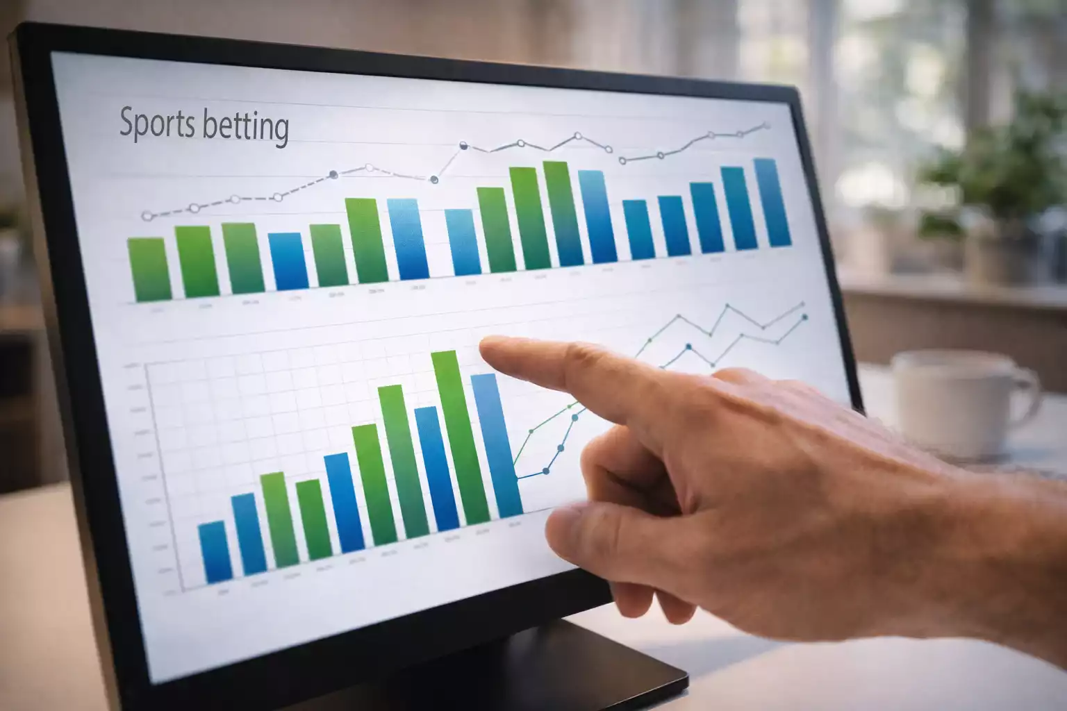 Mano señalando gráficos de barras simples sobre rendimiento deportivo en una pantalla