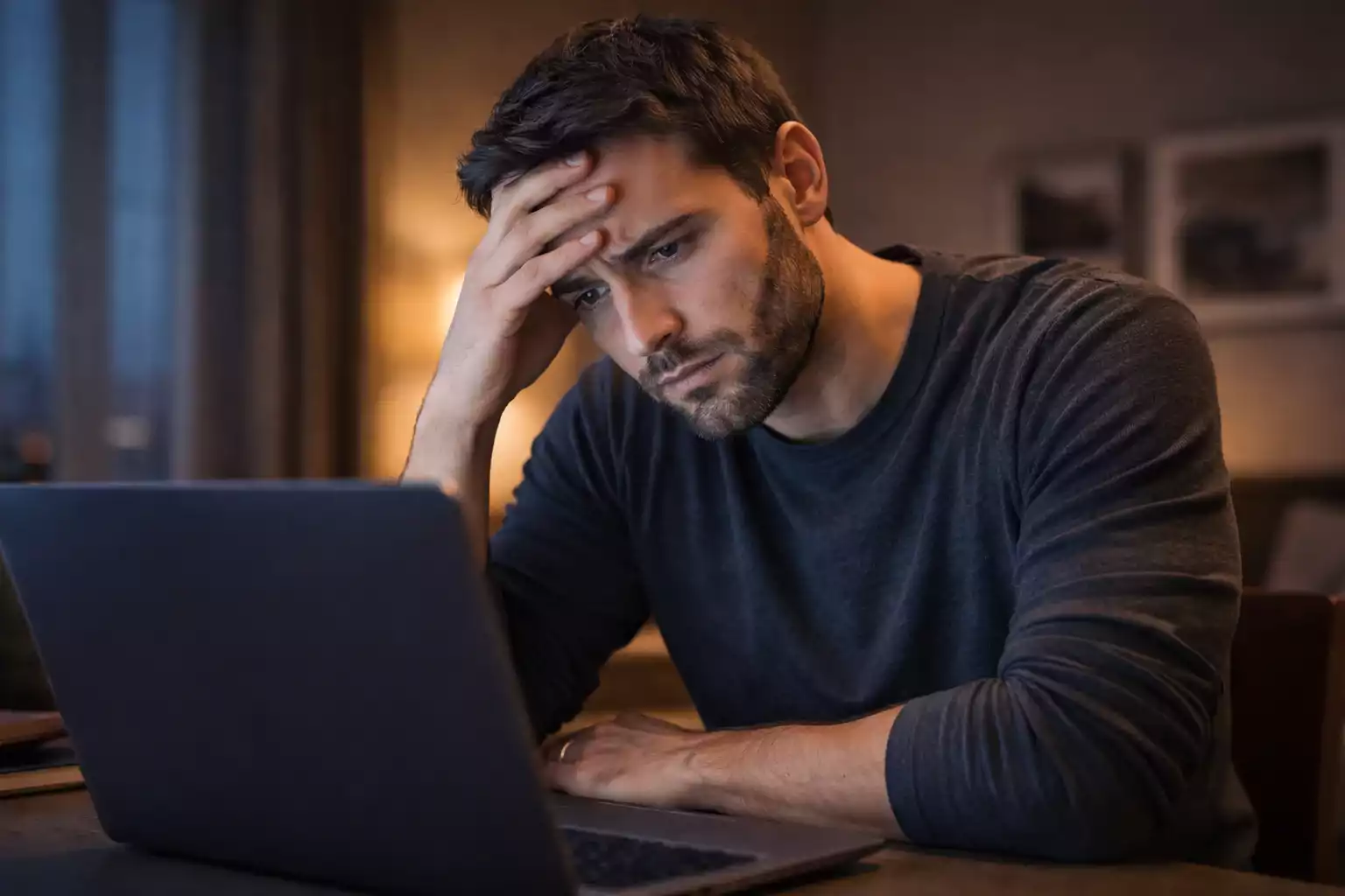 Persona frustrada frente a pantalla con expresión de preocupación