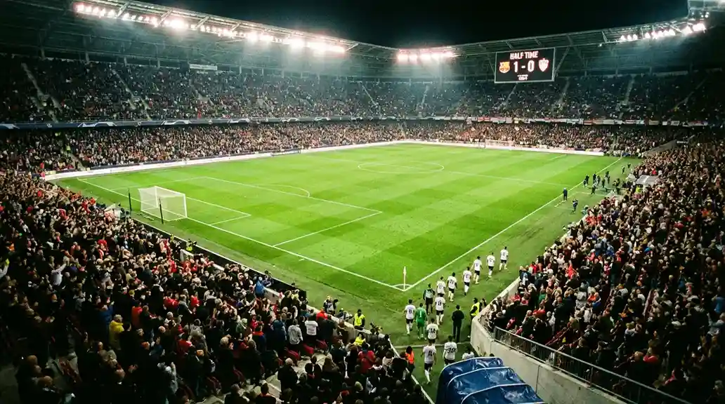 Jugadores de fútbol en el túnel de vestuarios durante el descanso de un partido con marcador electrónico al fondo