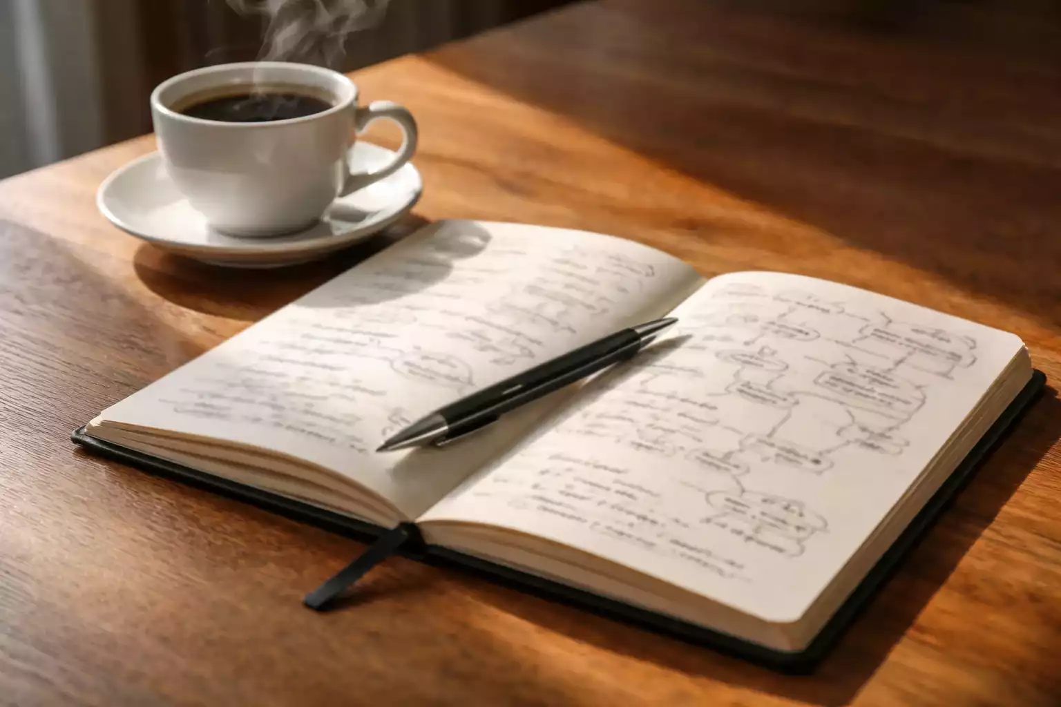 Cuaderno abierto con anotaciones y bolígrafo sobre una mesa junto a una taza de café