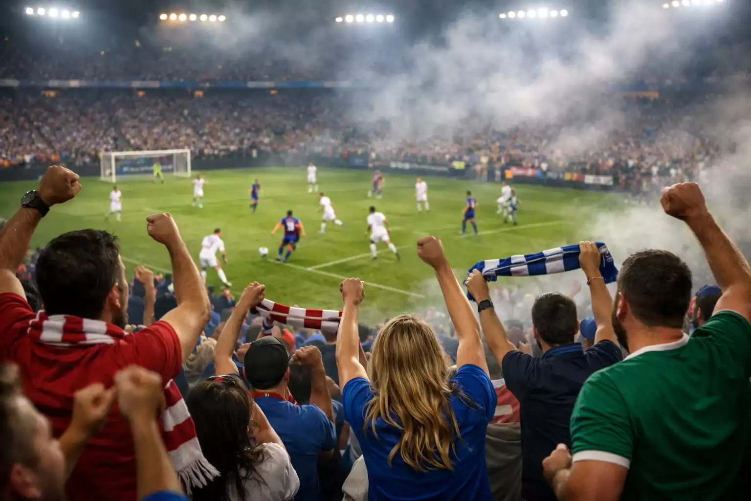 Partido de fútbol en directo con aficionados vibrantes en las gradas