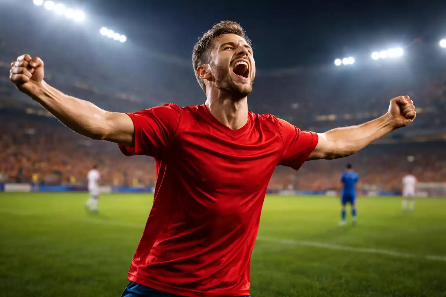 Jugador de fútbol profesional celebrando gol en campo iluminado