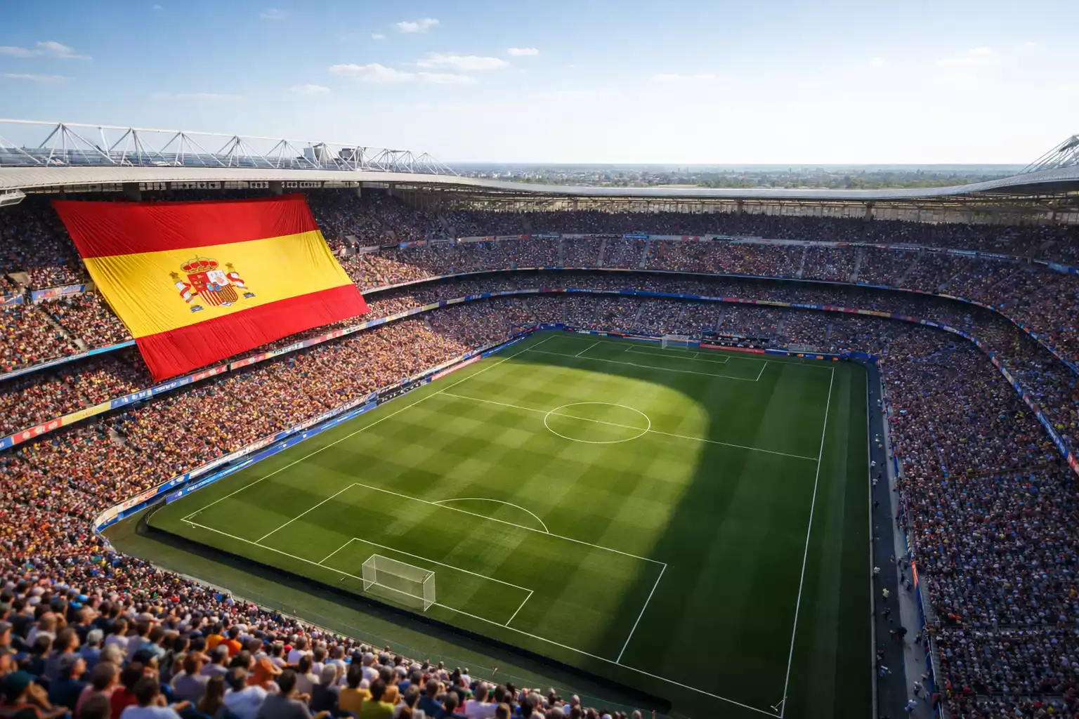Vista panorámica de estadio de fútbol español con bandera de España
