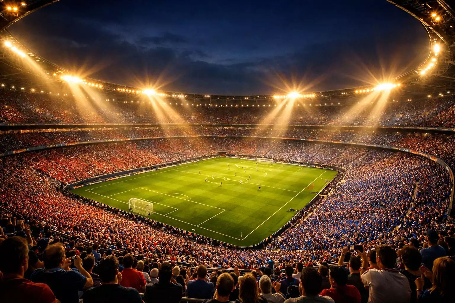 Estadio de fútbol lleno durante un partido nocturno con iluminación dramática