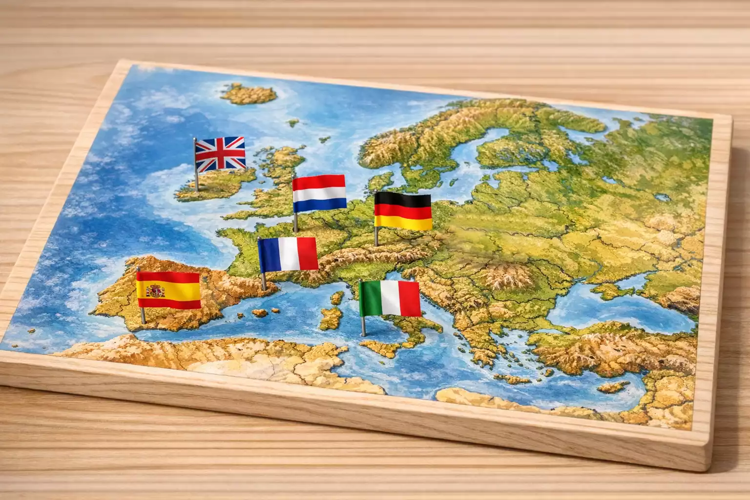 Mapa de Europa con banderas de diferentes ligas de fútbol