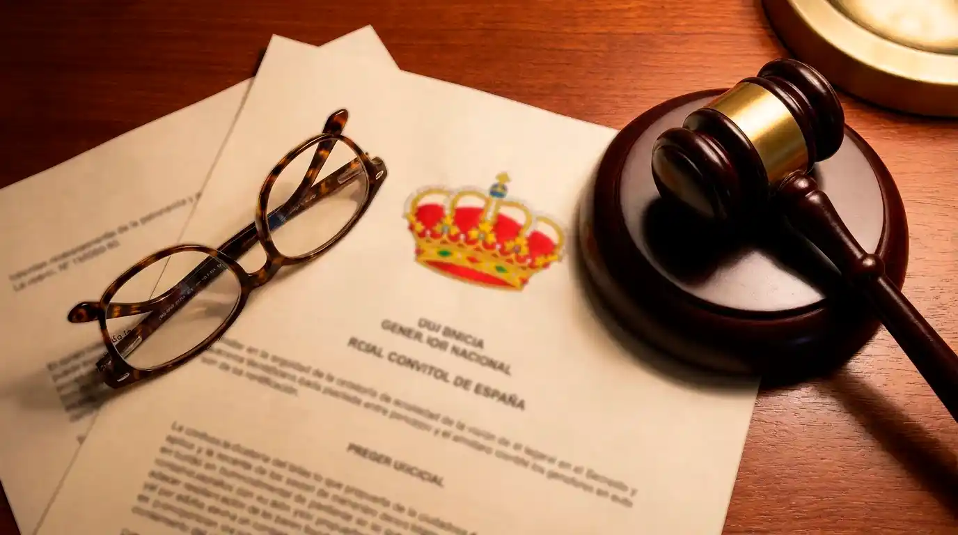 Documento legal sobre legislación de juego en España junto a un mazo de juez sobre una mesa de madera