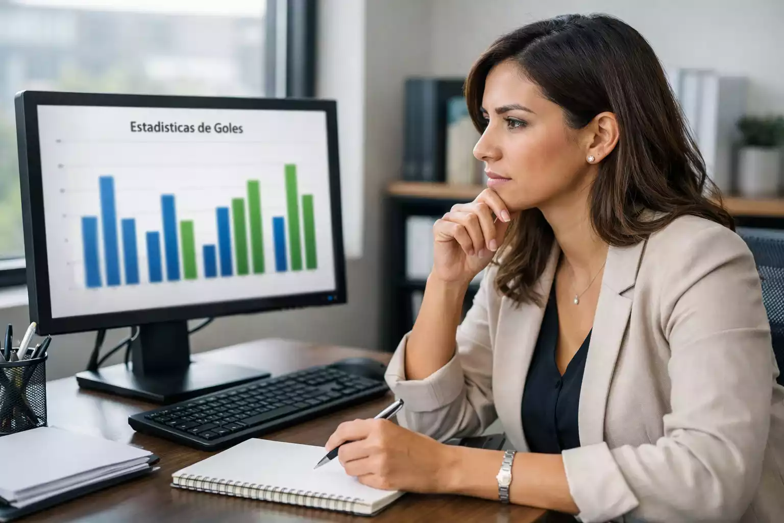 Analista deportivo estudiando estadísticas de goles en ordenador