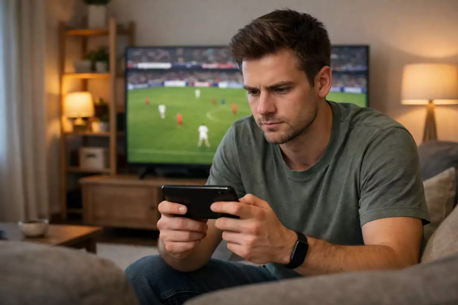Persona apostando desde el móvil mientras ve partido en televisión