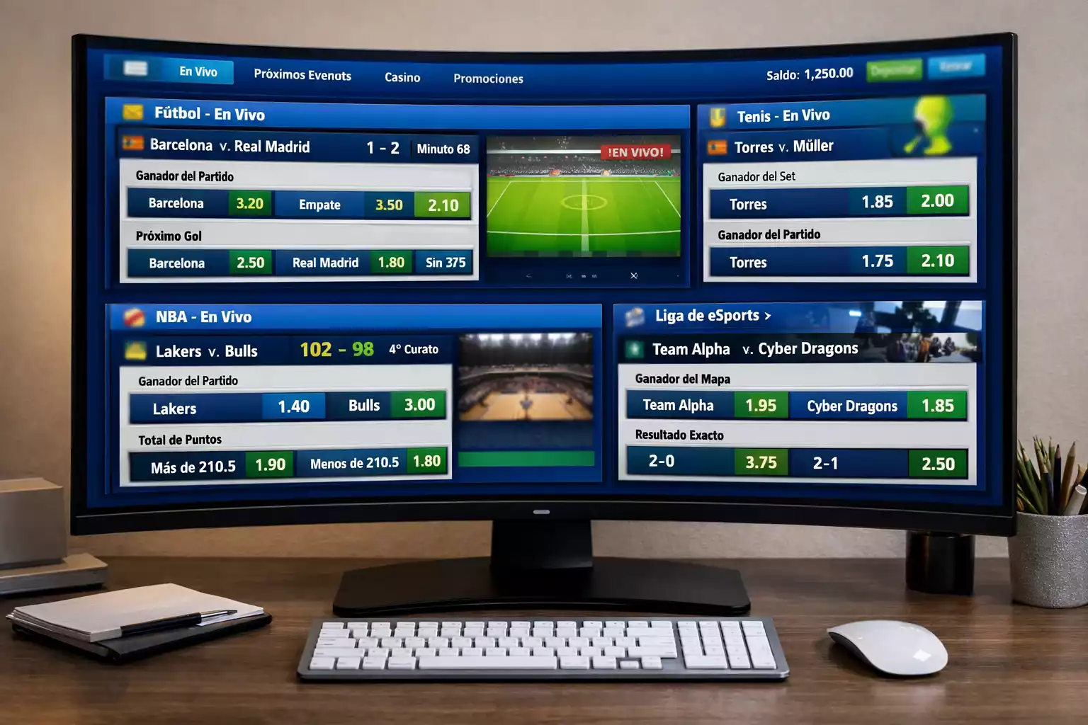 Pantalla de ordenador con múltiples mercados de apuestas en vivo
