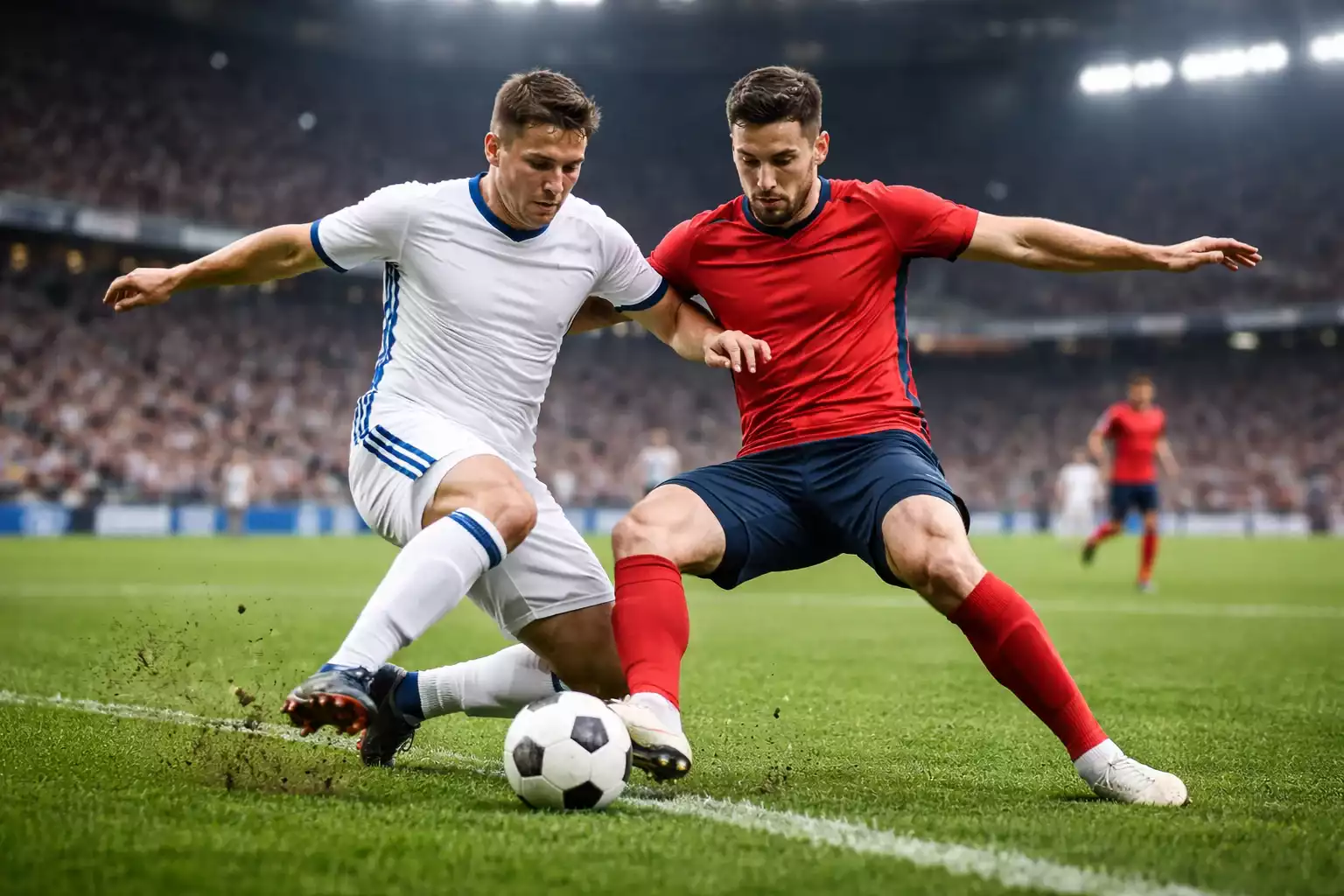 Jugadores de fútbol disputando un balón en un campo de césped natural durante un partido
