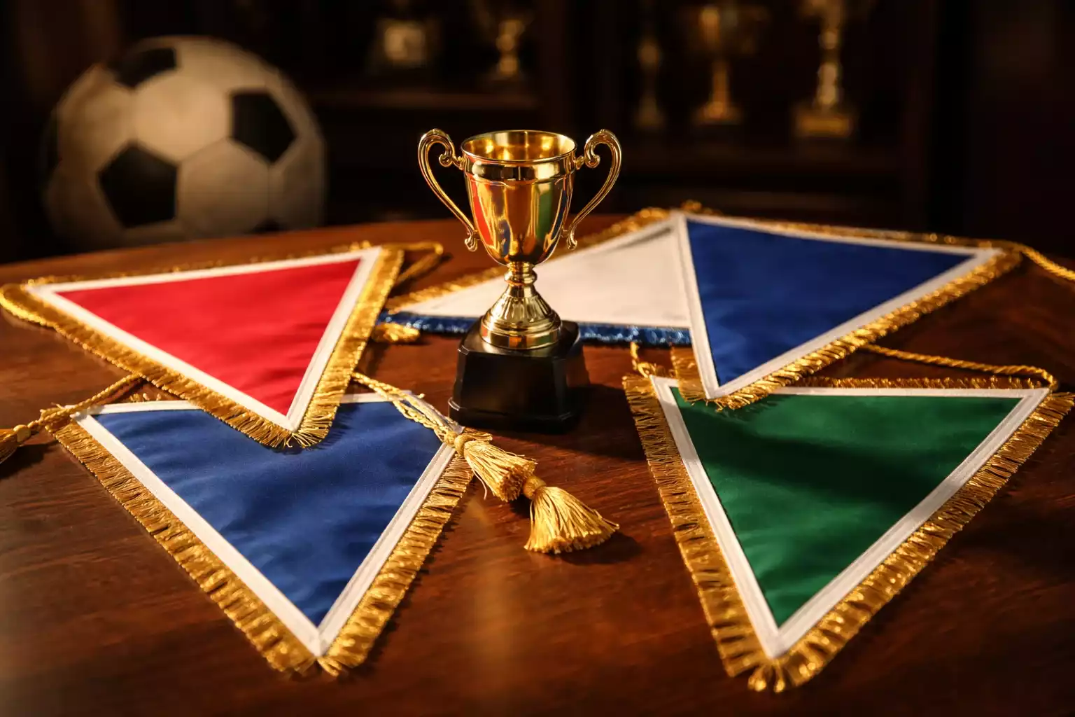 Trofeo de liga junto a banderines de equipos de fútbol