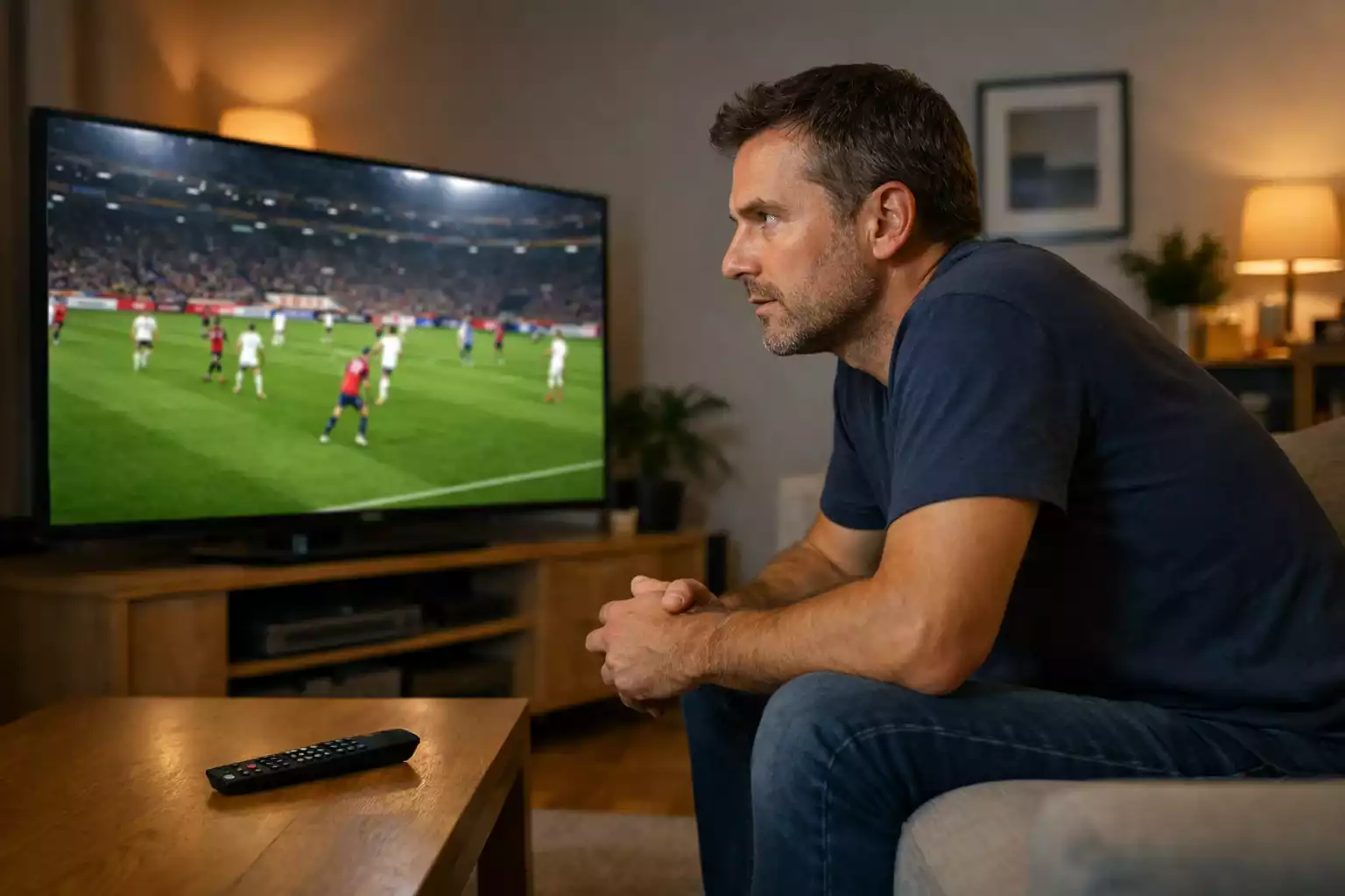 Aficionado concentrado viendo partido de fútbol en el sofá