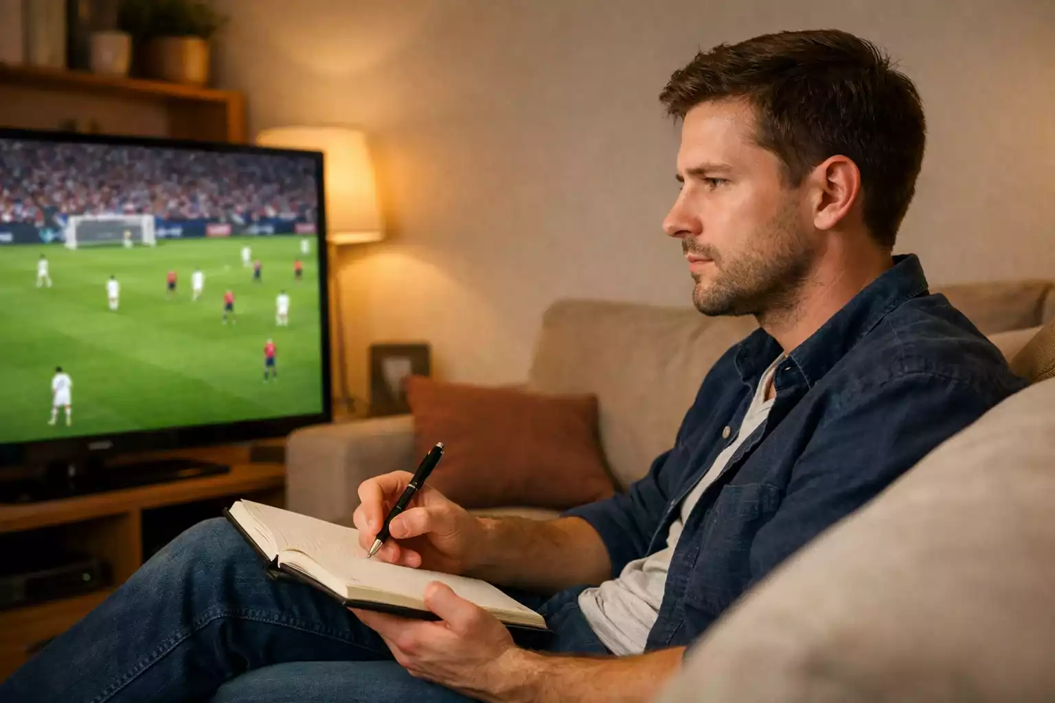 Persona tomando notas mientras ve un partido de fútbol en televisión