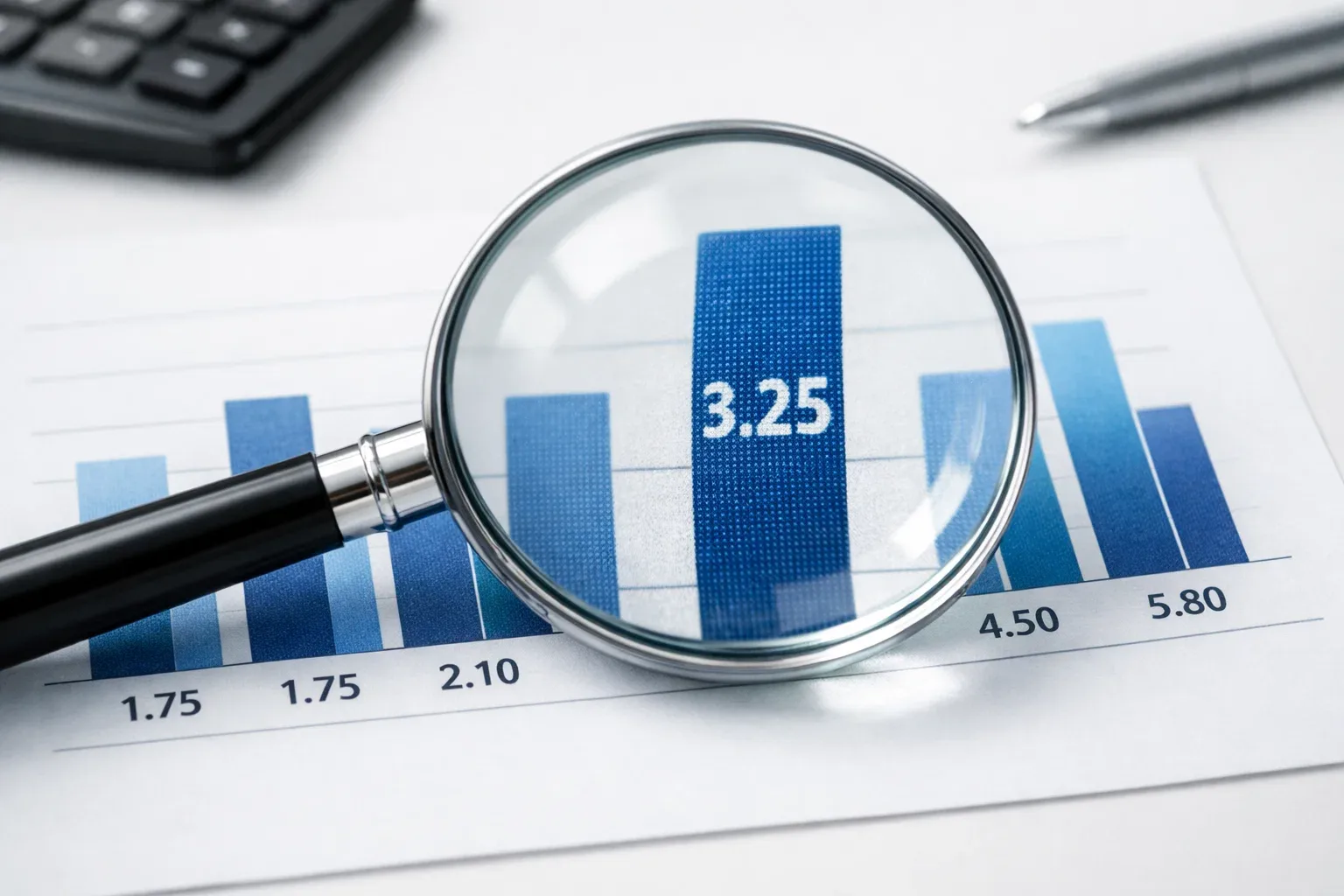 Lupa sobre gráfico de barras representando análisis de valor